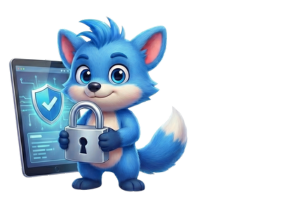 Cartoon Bandicoot mascot holding lock and shield representing cybersecurity protection