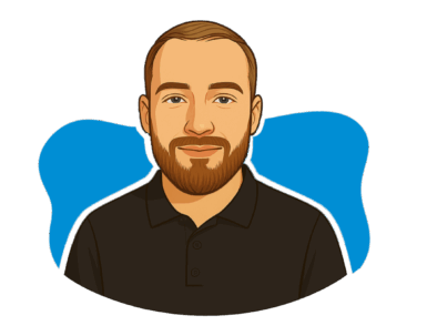 Illustrated avatar of Bandicoot IT team member Tom with blue background profile icon